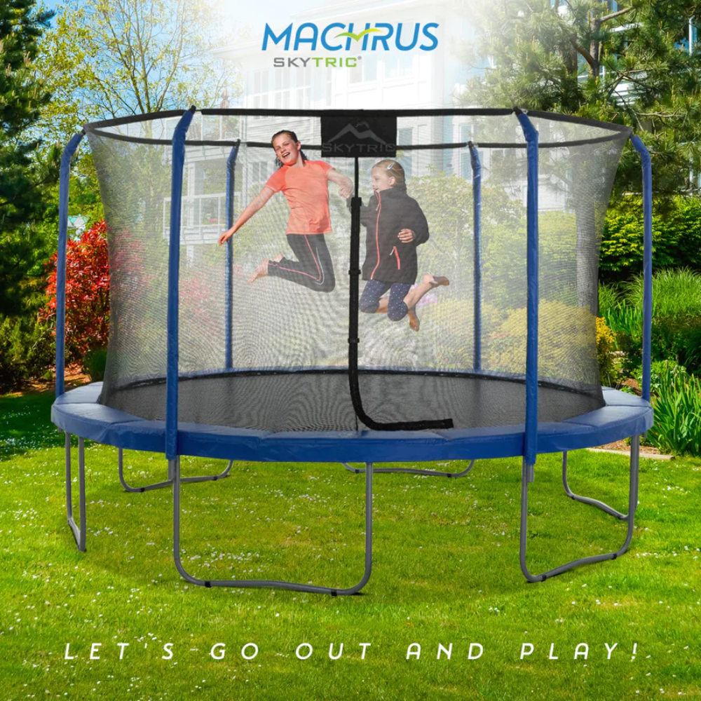 machrus skytric round trampoline father and daughter jumping in backyard