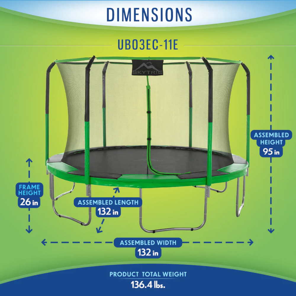 machrus skytric 11 feet round trampoline front view dimensions