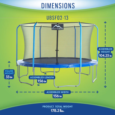 machrus skytric 13 feet round trampoline front view dimensions