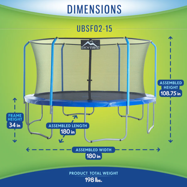 machrus skytric 15 feet round trampoline front view dimensions