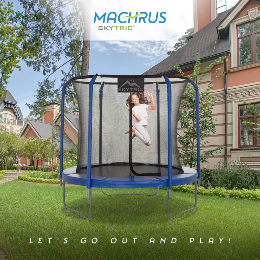 machrus skytric round trampoline girl jumping in backyard