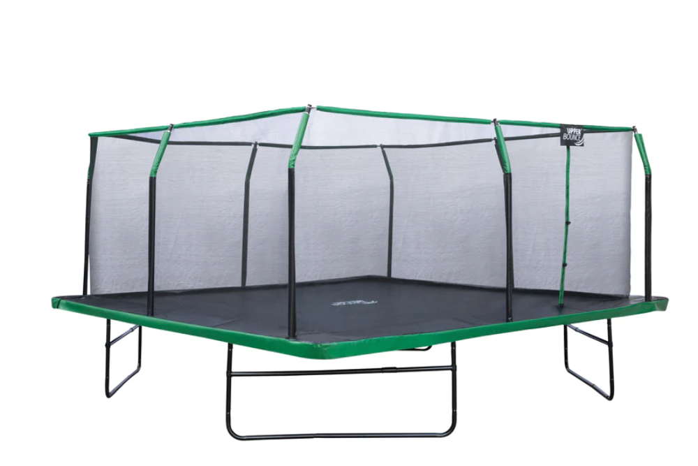 machrus upper bounce 16 feet green black square trampoline angled view