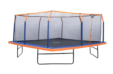 machrus upper bounce 16 feet orange blue square trampoline angled view