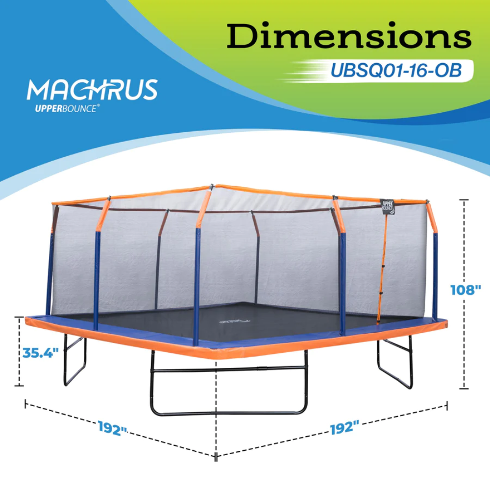 machrus upper bounce 16 feet square trampoline dimensions